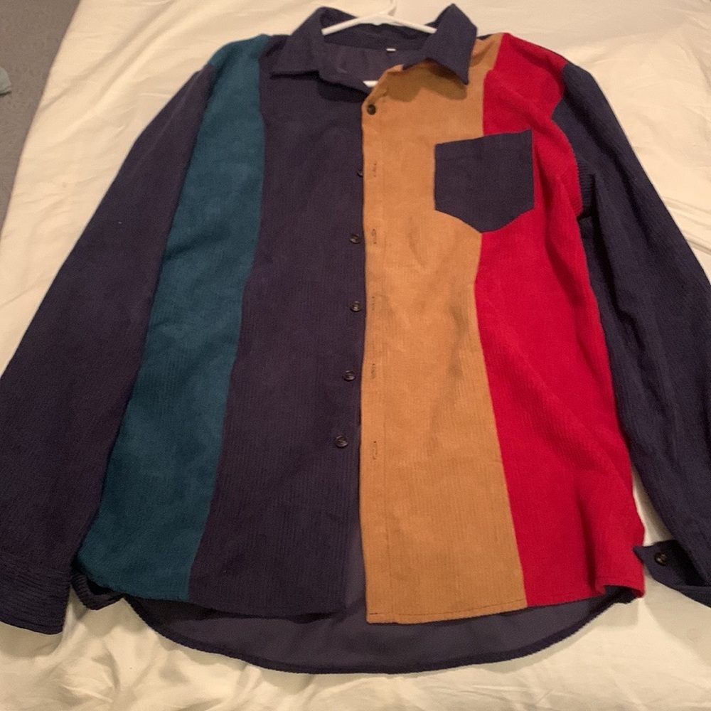 Men Color Block Patched Pocket Corduroy Shirt Size XL